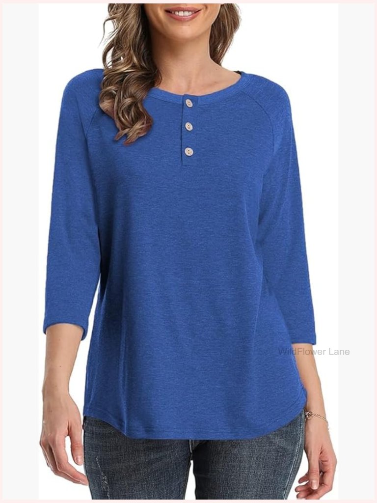 Women's 3/4 Sleeve Button Down Tunic Top Crewneck Raglan Tee